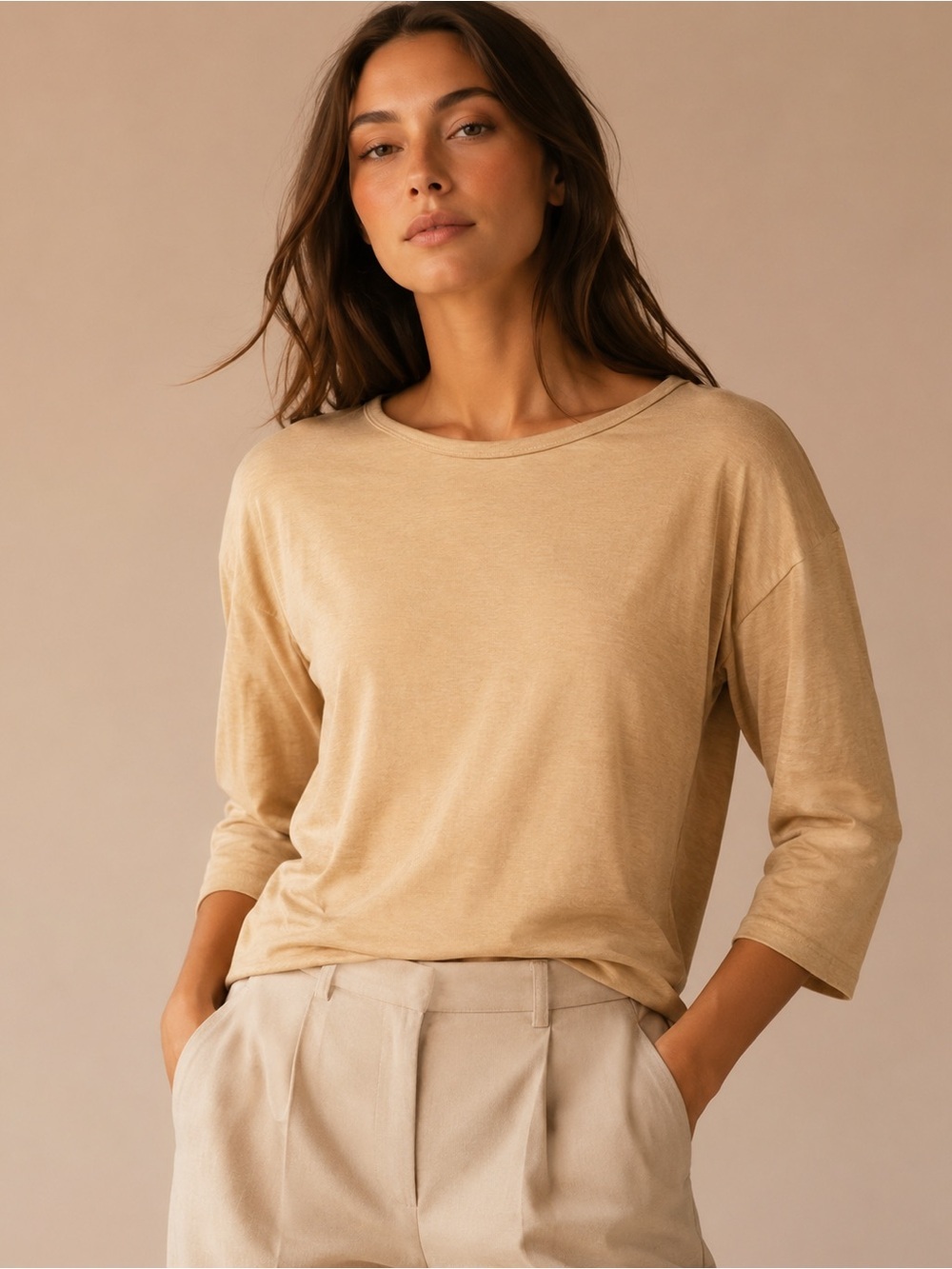 Coldwater Creek Lightweight Beige Boatneck Long Sleeve Tee